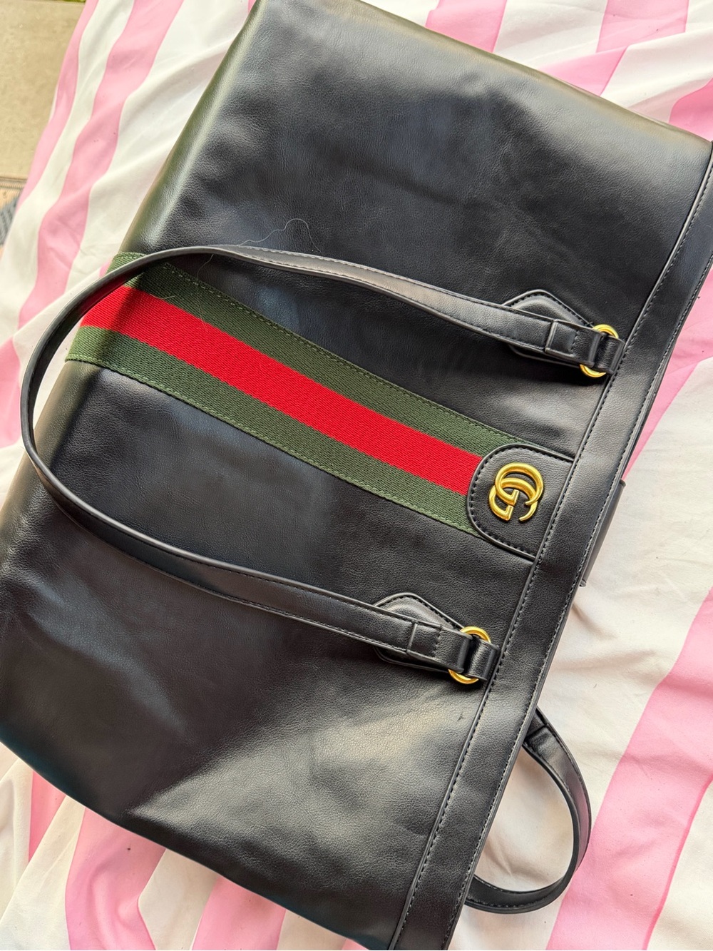 Gucci Black Leather Tote with Green and Red Web Stripe